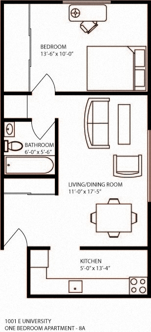 Floor plan for 1 bed, 1 bath, 590 sqft